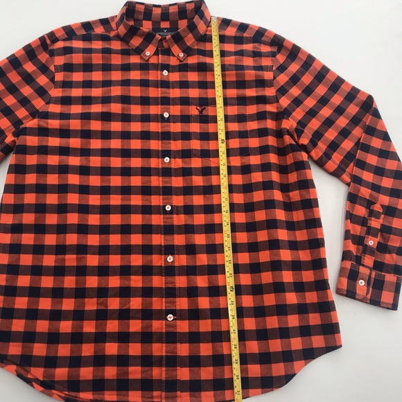 AMERICAN EAGLE navy & orange plaid button down - Picture 3 of 7